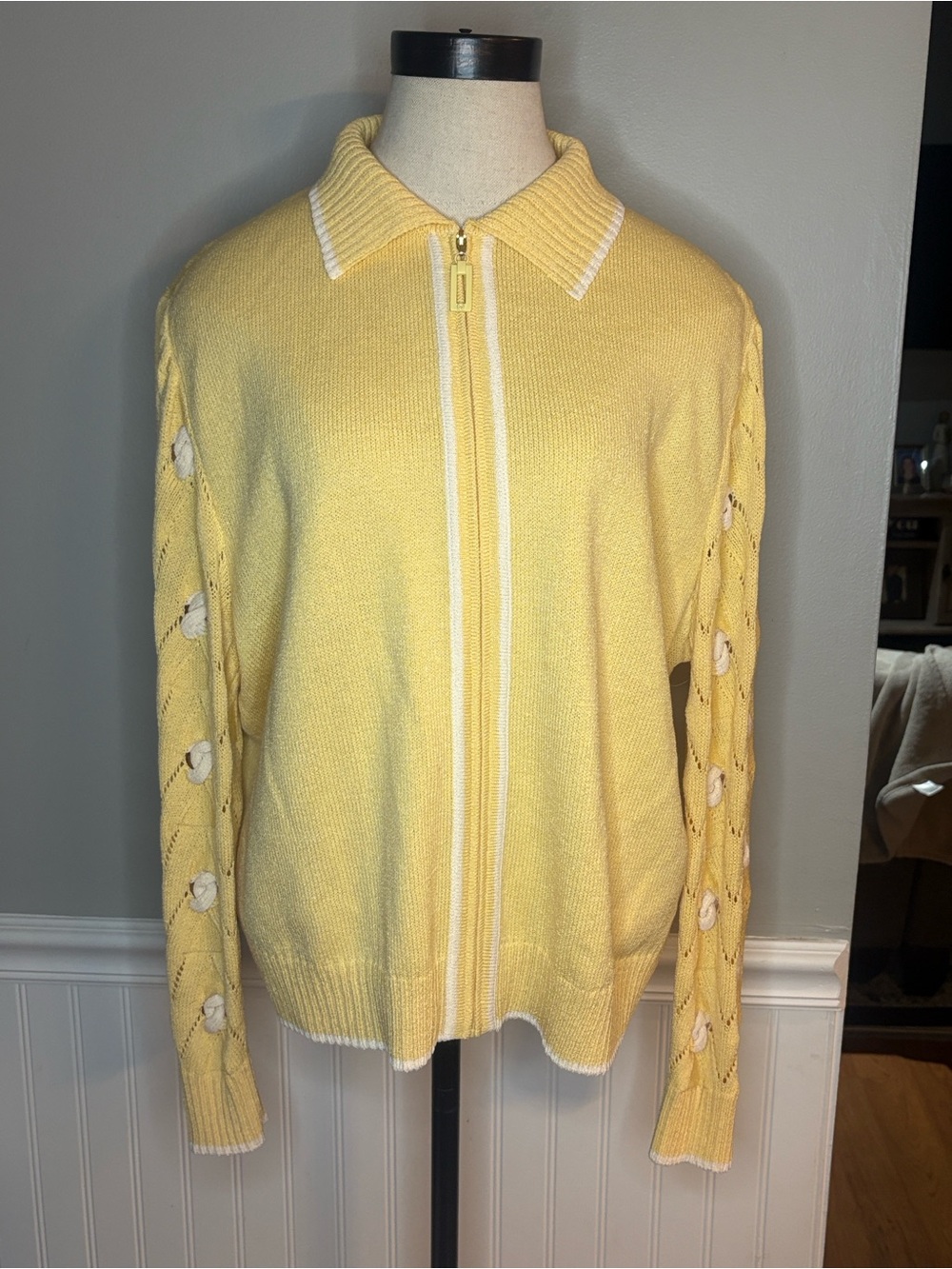 Vintage St. John Yellow Zip-Front Cardigan with Pointelle Sleeve Accents